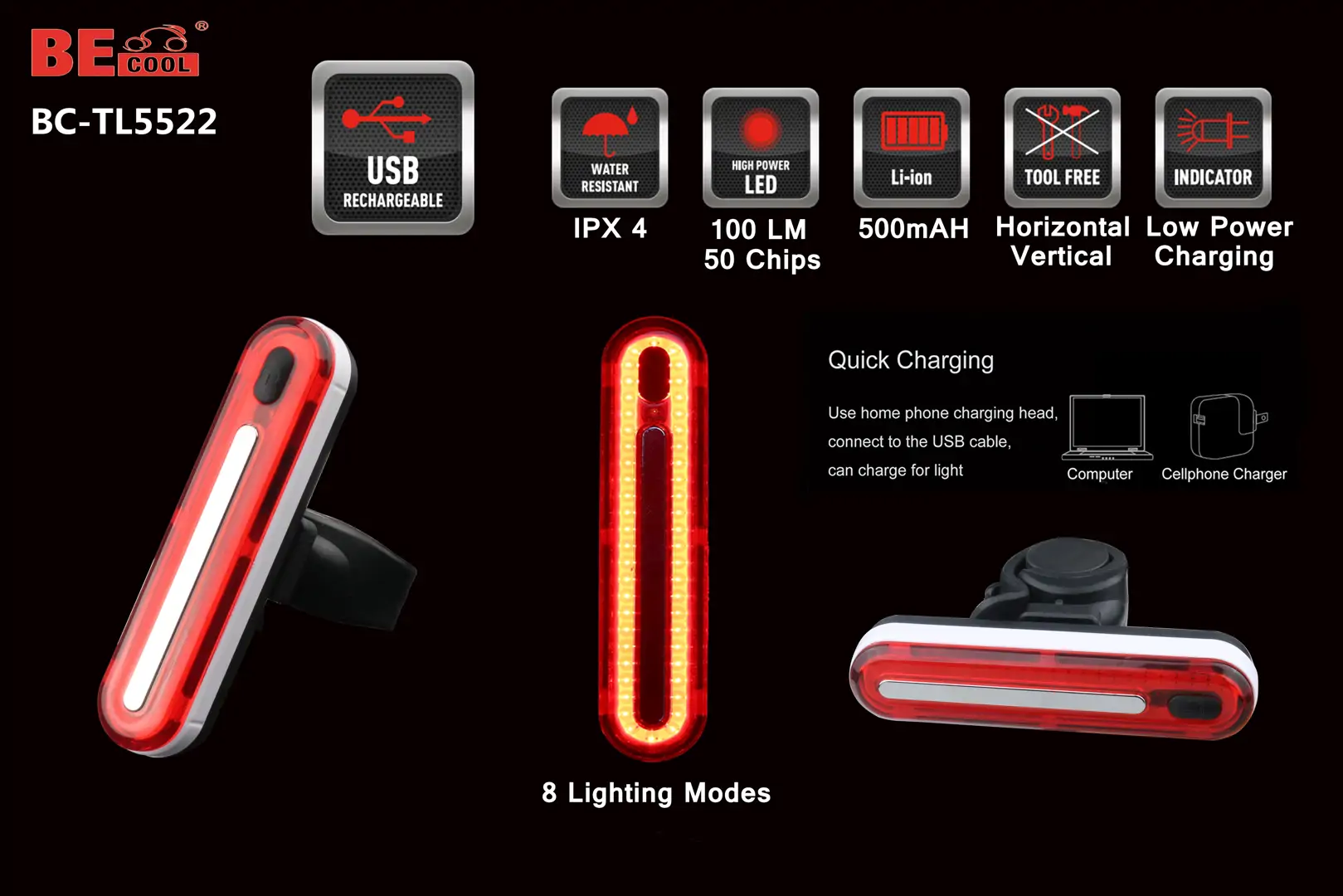 Ліхтар задн. акумулятор літієва 500 мА·г BEcool BC-TL5522 червоне світло 50 LED, USB, 8 режимов вологозахищений AM (брендоване пакування) - Зображення 3