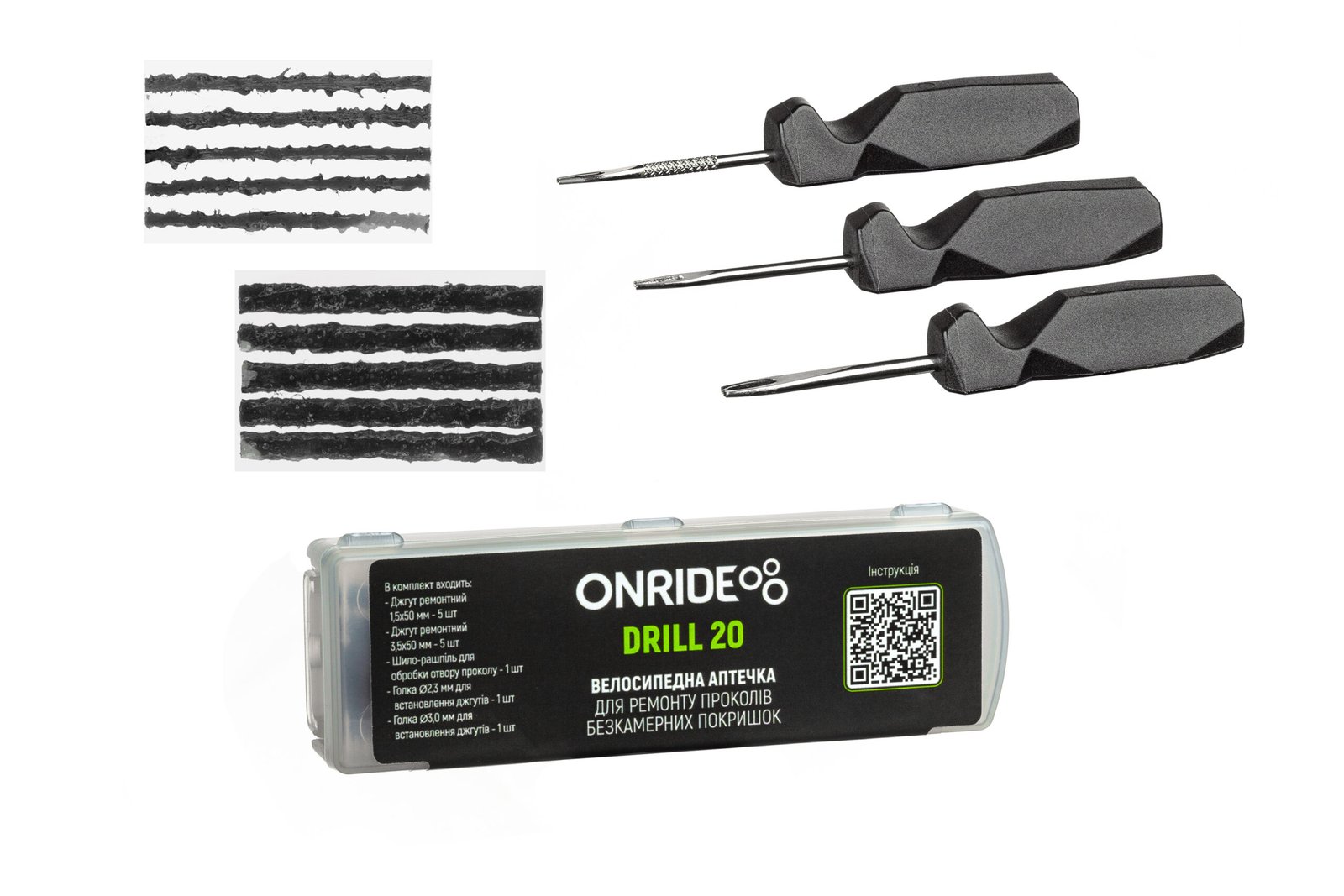 Велоаптечка для безкамерних покришок ONRIDE Drill 20 (джгуки 5 см: 5 шт Ø:3,5 мм, 5 шт Ø:1,5 мм, гол - Зображення 2